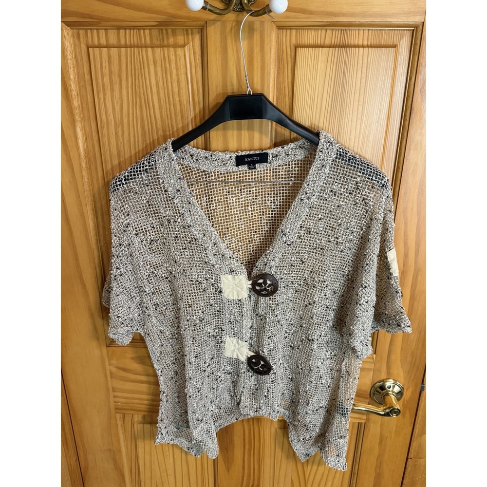 Kaktus Womens L Open Knit Cardigan Boho Art Y2K Fall Fashion Coconut Buttons